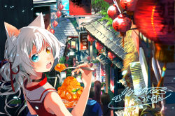 Rule 34 | 1girl, :o, animal ears, bare arms, blue eyes, blurry, blush, cat ears, catulus syndrome, choker, colored eyelashes, crowd, day, depth of field, food, hair ribbon, heterochromia, highres, holding, holding food, holding spoon, lantern, long hair, looking at viewer, looking back, nail polish, official art, open mouth, orange eyes, outdoors, paper lantern, red nails, ribbon, road, rooftop, shaved ice, shinonome neko-tarou, shirakaba yuki, signature, sleeveless, solo focus, spoon, street, upper body, white hair