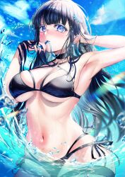 Rule 34 | 1girl, absurdres, armpits, azureareas17, bikini, black bikini, black choker, black hair, blue eyes, blue ribbon, blue sky, blush, breasts, choker, cloud, commentary request, day, hair ornament, hand in own hair, highres, lens flare, long hair, looking at viewer, mahouka koukou no rettousei, medium breasts, mouth hold, navel, outdoors, partially submerged, ribbon, ribbon in mouth, shiba miyuki, sky, solo, stomach, swimsuit, underboob, very long hair, water drop