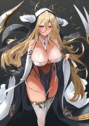 Rule 34 | 1girl, absurdres, azur lane, bare shoulders, between breasts, black gloves, blonde hair, breast cutout, breasts, chunchilin, cleavage, covered erect nipples, covered navel, fake horns, from above, gloves, habit, hair between eyes, half gloves, halo, highres, horns, implacable (azur lane), large breasts, long hair, long sleeves, looking at viewer, mechanical halo, no panties, nun, pelvic curtain, red eyes, revealing clothes, solo, thighhighs, veil, very long hair, walking, white horns, white thighhighs, wide sleeves
