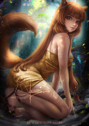 Rule 34 | 1girl, axsen, banned artist, breasts, brown eyes, brown hair, forest, from side, highres, kneeling, long hair, medium breasts, naked towel, nature, outdoors, parted lips, raccoon girl, raphtalia, signature, solo, straight hair, tate no yuusha no nariagari, towel, very long hair, watermark, yellow towel