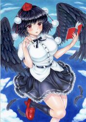 Rule 34 | 1girl, absurdres, black feathers, black hair, black skirt, black socks, black wings, blue background, blush, breasts, buttons, calligraphy brush, collared shirt, dress shirt, feathered wings, feathers, foot out of frame, frilled skirt, frills, geta, hat, highres, holding, holding calligraphy brush, holding notebook, holding paintbrush, kneehighs, large breasts, looking at viewer, marker (medium), medium hair, mikeko (user zntg7852), notebook, open mouth, outdoors, paintbrush, pom pom (clothes), puffy short sleeves, puffy sleeves, red eyes, red footwear, red hat, shameimaru aya, shirt, short sleeves, simple background, skirt, socks, solo, tokin hat, touhou, traditional media, white shirt, wings