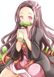 Rule 34 | 1girl, bamboo, bit gag, black hair, blush, brown hair, checkered sash, commentary request, cup, disposable cup, forehead, gag, gradient hair, hair ribbon, hands up, highres, holding, holding cup, japanese clothes, kamado nezuko, kimetsu no yaiba, kimono, long hair, long sleeves, looking at viewer, mouth hold, multicolored hair, obi, open clothes, pink eyes, pink kimono, pink ribbon, ribbon, sash, sitting, solo, very long hair, wariza, white background, xenon (for achieve)