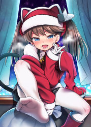 Rule 34 | 1girl, :d, alternate costume, bell, blue eyes, blush, boots, breath, brown hair, cat tail, curtains, fang, feet, female focus, gloves, indoors, kantai collection, lips, long hair, long sleeves, looking at viewer, open mouth, pantyhose, red footwear, ryuujou (kancolle), sack, santa costume, shoes, single shoe, sitting, smile, solo, tail, toes, twintails, unworn boot, unworn boots, uousa-ou, visor cap, white gloves, white pantyhose, window
