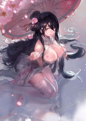 Rule 34 | 1girl, black hair, breasts, character request, cherry blossoms, ching nu yu hun, ching nu yu hun 2, cleavage, cleavage cutout, clothing cutout, female focus, flower, hair flower, hair ornament, kishiyo, large breasts, lips, long hair, looking at viewer, mole, mole under eye, oil-paper umbrella, revision, solo, thighhighs, umbrella, very long hair, white thighhighs, yellow eyes