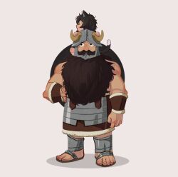 1boy 1girl beard dungeon_meshi dwarf facial_hair fake_horns full_body helmet highres horned_helmet horns izutsumi jquarze long_beard looking_to_the_side muscular muscular_male mustache on_head senshi_(dungeon_meshi) thick_mustache very_long_beard white_background wok