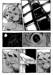 Rule 34 | 1girl, antennae, closed eyes, comic, commentary request, eternity larva, fairy, greyscale, holding, indoors, itomugi-kun, leaf, leaf on head, monochrome, night, night sky, short hair, sky, touhou