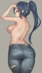 Rule 34 | 10s, 1girl, arm up, ass, back, blue hair, breasts, covering privates, covering breasts, cowboy shot, denim, free style (yohan1754), from behind, grey background, hair ribbon, highres, jeans, love live!, love live! sunshine!!, matsuura kanan, medium breasts, pants, ponytail, purple eyes, ribbon, shoulder blades, simple background, solo, tomboy, topless, torn clothes, torn jeans, torn pants