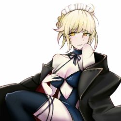 Rule 34 | 1girl, ahoge, alternate costume, artoria pendragon (all), artoria pendragon (alter swimsuit rider) (fate), artoria pendragon (alter swimsuit rider) (third ascension) (fate), artoria pendragon (fate), bare shoulders, blonde hair, blush, braid, breasts, choker, cleavage, enmaided, fate/grand order, fate (series), french braid, hand on own chest, highres, maid, medium breasts, parted lips, partially undressed, saber alter, sitting, solo, swimsuit, thighhighs, thighs, white background, yellow eyes