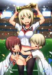 Rule 34 | 10s, 2014 fifa world cup, 3girls, bismarck (kancolle), black legwear, blonde hair, brown hair, crop top, crop top overhang, germany, green eyes, highres, hug, kantai collection, long hair, looking at viewer, midriff, multiple girls, navel, neo-masterpeacer, open mouth, short hair, smile, soccer, tears, thighhighs, trophy, v, world cup, z1 leberecht maass (kancolle), z3 max schultz (kancolle)