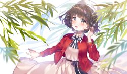 Rule 34 | 1girl, bad id, bad pixiv id, black ribbon, blouse, blush, brown eyes, brown hair, collared shirt, commentary request, dress, hand in own hair, highres, jacket, katou megumi, long sleeves, looking at viewer, open mouth, pink dress, plant, red jacket, ribbon, saenai heroine no sodatekata, shirt, short hair, smile, solo, urim (paintur), water drop, white shirt