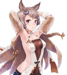 Rule 34 | 10s, 1girl, :o, animal ears, arms behind head, arms up, belt, blue gemstone, blush, breasts, brown hair, cat ears, clothing cutout, coat, collar, covered navel, criss-cross halter, denim, erune, fur coat, fur trim, gem, granblue fantasy, groin, hair ornament, hairpin, halterneck, jeans, konnyaku (kk-monmon), long sleeves, mole, mole under mouth, open clothes, open coat, pants, parted lips, shiny clothes, shiny skin, short hair, side cutout, sideboob, simple background, skin tight, sleeve cuffs, solo, stella (granblue fantasy), sutera (granblue fantasy), tareme, tassel, white background