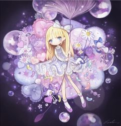 Rule 34 | 1girl, blonde hair, blue eyes, blunt bangs, blush, bow, bubble, candy, chamomile, daisy, dandelion, dandelion seed, dress, earrings, flower, food, frilled dress, frilled pillow, frills, full body, gem, hair bow, heart, heart-shaped pillow, holding, jelly bean, jewelry, lolita fashion, long hair, long legs, long sleeves, looking at viewer, necklace, original, pillow, purple dress, purple footwear, ribbon-trimmed clothes, ribbon trim, shirosaki london, shirt, shoes, signature, smile, socks, solo, star (symbol), unicorn, white bow, white shirt, white socks