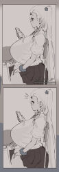 Rule 34 | 1girl, 2koma, braid, breasts, cellphone, comic, commentary, desk, earrings, english commentary, from side, greyscale, gyaru, hair ornament, highres, holding, holding phone, huge breasts, jewelry, long hair, looking at phone, magister, monochrome, muchigaku, panda hair ornament, pandora smith (magister), phone, pleated skirt, ponytail, school desk, school uniform, scrunchie, shirt, side braid, silent comic, sitting, skirt, smartphone, solo, stud earrings, taut clothes, taut shirt, very long hair, wrist scrunchie