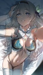 Rule 34 | 1girl, absurdres, armpits, bare shoulders, black panties, blue eyes, blush, breasts, cleavage, commentary request, detached sleeves, firefly (honkai: star rail), grey hair, hair ornament, hairband, hews, highres, honkai: star rail, honkai (series), large breasts, long hair, long sleeves, looking at viewer, lying, navel, on back, panties, parted lips, smile, solo, stomach, thighhighs, thighs, underwear, white thighhighs