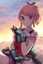 Rule 34 | 1girl, :o, bang dream!, black gloves, black ribbon, blue bow, blush, bow, cloud, cloudy sky, commentary request, earrings, feather hair ornament, feathers, fingerless gloves, floral print, frills, gloves, hair ornament, hair ribbon, high ponytail, highres, holding, jewelry, looking at viewer, maruyama aya, outdoors, parted lips, pink eyes, pink hair, ponytail, purple skirt, ribbon, shirt, short sleeves, shuriken, sidelocks, skirt, sky, solo, sparkle, umeno, weapon, white shirt, yellow feathers