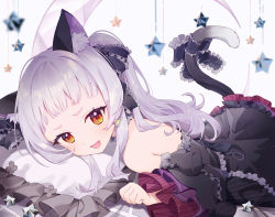 Rule 34 | 1girl, animal ears, blunt bangs, blush, bow, cat ears, cat girl, cat tail, chain print, detached sleeves, dress, dress bow, frilled dress, frills, gothic lolita, hair ribbon, hololive, layered dress, lolita fashion, long hair, looking at viewer, lying, murasaki shion, murasaki shion (gothic lolita), on stomach, open mouth, pillow, ribbon, short eyebrows, sidelocks, silver hair, sleeveless, sleeveless dress, smile, solo, star (symbol), tail, tail bow, tail ornament, tugo, virtual youtuber, wide sleeves, yellow eyes