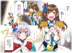 Rule 34 | 10s, 2girls, anastasia (idolmaster), blue eyes, blush, brown eyes, brown hair, commentary request, crown, crystal night party, epaulettes, gloves, graphite (medium), idolmaster, idolmaster cinderella girls, long hair, looking at viewer, love laika, microphone, mini crown, multiple girls, nitta minami, open mouth, short hair, silver hair, smile, takanashi ringo, traditional media, translation request, white gloves