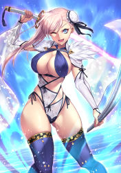 Rule 34 | asymmetrical hair, blue one-piece swimsuit, blue thighhighs, boots, breasts, bun cover, caustics, cleavage, cowboy shot, criss-cross halter, fate/grand order, fate (series), fingernails, glowing, hair between eyes, hair bun, halterneck, high collar, highres, holding, holding sword, holding weapon, large breasts, long fingernails, miyamoto musashi (fate), miyamoto musashi (fate/grand order), miyamoto musashi (swimsuit berserker) (fate), miyamoto musashi (swimsuit berserker) (third ascension) (fate), motion blur, narrow waist, nasaniliu, one-piece swimsuit, one eye closed, outdoors, see-through, single side bun, single sidelock, skindentation, solo, standing, swept bangs, swimsuit, sword, thigh boots, thighhighs, thighs, toy sword, two-tone swimsuit, v-shaped eyebrows, weapon, white one-piece swimsuit, wide hips