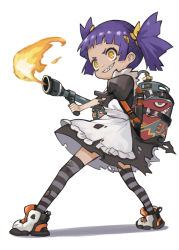 Rule 34 | 1girl, akefumi, chibi, fire, flamethrower, grin, highres, holding, holding weapon, maid, maid mafia k, official art, purple hair, sharp teeth, smile, solo, striped clothes, striped thighhighs, teeth, thighhighs, torn clothes, torn thighhighs, twintails, weapon, white background, yellow eyes
