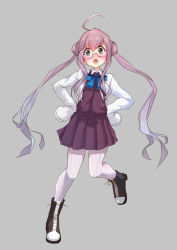 Rule 34 | 10s, 1girl, ahoge, blush, boots, full body, glasses, hands on own hips, highres, kantai collection, long hair, looking at viewer, makigumo (kancolle), mojake, open mouth, pantyhose, pink hair, school uniform, simple background, skirt, sleeves past wrists, solo, twintails, yellow eyes