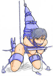 Rule 34 | 1girl, anal hook, angry, armbinder, bdsm, drooling, gag, highres, immobilization, kudou kuon, looking at viewer, nipple clamps, saliva, short hair