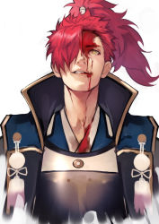 Rule 34 | 1boy, blood, blood on clothes, blood on face, close-up, cropped torso, fate/grand order, fate (series), hair over one eye, high collar, highres, japanese clothes, kimono, koha-ace, long hair, long sleeves, looking up, male focus, manly, mori nagayoshi (fate), ponytail, red hair, sharp teeth, smile, solo, spiked hair, teeth, white background, yellow eyes, yoshio (55level)