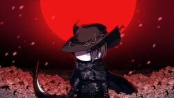 Rule 34 | 1girl, androgynous, armor, black cape, black hair, black hat, blue eyes, breastplate, cape, chibi, chibi only, cowboy shot, expressionless, falling feathers, feathers, field, final fantasy, final fantasy xiv, flower, flower field, full moon, hat, hat feather, highres, holding, holding scythe, huge moon, k ffxv, looking at viewer, moon, o-ring, reaper (final fantasy), red moon, red sky, rose, scythe, shaded face, short hair, sky, solo, tricorne, vambraces, white flower, white rose, zero (ff14)