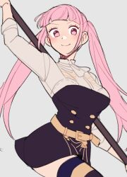 Rule 34 | 1girl, ascot, belt, belt buckle, black thighhighs, blush, breasts, buckle, buttons, closed mouth, do m kaeru, female focus, fire emblem, fire emblem: three houses, garreg mach monastery uniform, grey background, hilda valentine goneril, holding, holding polearm, holding weapon, large breasts, long hair, long sleeves, looking at viewer, matching hair/eyes, nintendo, pink eyes, pink hair, polearm, simple background, smile, solo, thighhighs, twintails, very long hair, weapon, white ascot, yellow belt