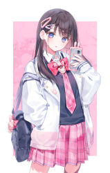 Rule 34 | 1girl, :o, a20 (atsumaru), absurdres, bag, black hair, blue bag, blue vest, blunt bangs, border, bow, bowtie, collared shirt, earrings, hair ornament, hairclip, hand in pocket, heart, heart earrings, highres, holding, holding phone, jacket, jewelry, long hair, looking at viewer, multicolored clothes, multicolored jacket, necktie, original, outside border, parted lips, phone, pink background, pink bow, pink bowtie, pink jacket, pink necktie, pink skirt, plaid, plaid necktie, plaid skirt, purple eyes, rabbit ornament, school bag, school uniform, shirt, skirt, solo, standing, two-tone jacket, vest, white border, white jacket, white shirt