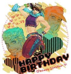Rule 34 | 3boys, abs, aged down, bad id, bad pixiv id, beanie, beard, birthday, blue eyes, bomber hat, bracelet, brown hair, crop top, facial hair, fingerless gloves, glasses, gloves, hat, heart, icym, jewelry, jojo no kimyou na bouken, joseph joestar, joseph joestar (young), jumping, male focus, midriff, multiple boys, multiple persona, official alternate costume, old, old man, scarf, striped clothes, striped scarf, watch, wristwatch