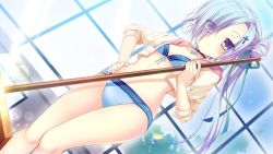 Rule 34 | 1girl, bare legs, bikini, blue bikini, blue hair, blush, breasts, cleavage, closed mouth, collarbone, cross hair ornament, da capo iv, dutch angle, eyes visible through hair, game cg, green ribbon, hair ornament, hair over one eye, hair ribbon, hand on own hip, holding, hood, hood down, hooded jacket, houjou shiina, jacket, lens flare, long hair, looking at viewer, open clothes, open jacket, ribbon, side ponytail, small breasts, solo, standing, swimsuit, very long hair, yellow eyes, yellow jacket
