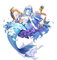 Rule 34 | 1girl, anchor, ark order, bikini, blue hair, breasts, bubble, ce-leste, coral, earrings, closed eyes, fins, fish, harp, head fins, instrument, jewelry, large breasts, long hair, looking at viewer, mermaid, monster girl, music, navel, necklace, official art, pearl necklace, playing instrument, shark siren (ark order), shell, shell bikini, smile, solo, swimsuit, tachi-e, transparent background, treasure chest, very long hair, water, white bikini