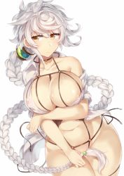 Rule 34 | 1girl, bad id, bad tumblr id, black choker, braid, breasts, choker, closed mouth, convenient censoring, covered erect nipples, cowboy shot, gluteal fold, huge breasts, kantai collection, long hair, looking at viewer, messy hair, navel, orange eyes, pokoten (pokoten718), revealing clothes, silver hair, simple background, single braid, smile, solo, thigh gap, unryuu (kancolle), very long hair, white background