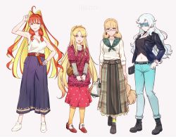 Rule 34 | 4girls, ahoge, aphrodite (fate), artemis (fate), bag, bare shoulders, black shirt, blonde hair, blouse, blue-tinted eyewear, braid, braided ponytail, breasts, cigarette, cleavage, closed mouth, collarbone, contemporary, crown braid, demeter (fate), earrings, europa (fate), fate/grand order, fate (series), full body, hair intakes, hand on own hip, handbag, highres, holding, holding cigarette, hsin, jewelry, large breasts, long hair, long sleeves, looking at viewer, multiple girls, nail polish, necklace, open mouth, orange eyes, pantyhose, purple eyes, red hair, shirt, shoulder bag, simple background, smile, smoking, sunglasses, sweater, swept bangs, tiara, tinted eyewear, very long hair, white hair, white sweater