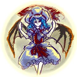 Rule 34 | 1girl, arms up, ascot, bat wings, blue hair, crossed legs, dress, frilled dress, frills, hat, hatching (texture), justin hsu, linear hatching, long hair, moon, red eyes, red ribbon, remilia scarlet, ribbon, round image, short sleeves, simple background, solo, standing, touhou, white background, wings