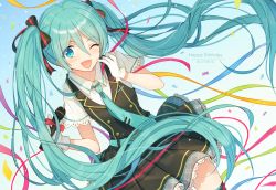 Rule 34 | 1girl, ;d, aqua hair, aqua necktie, black bow, black skirt, black thighhighs, blouse, blue eyes, blush, bow, confetti, dated, dutch angle, floating hair, hair between eyes, hair bow, hair ribbon, hands up, happy birthday, hatsune miku, highres, hiiragi souren, holding, holding microphone, long hair, looking at viewer, microphone, necktie, one eye closed, open mouth, ribbon, shirt, short sleeves, skirt, smile, solo, striped ribbon, thighhighs, very long hair, vocaloid, white shirt