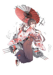 Rule 34 | 1girl, anchor, animal print, black hair, cannon, commentary request, fish print, floral print, flower, hair flower, hair ornament, hakama, hakama skirt, highres, holding, holding umbrella, japanese clothes, kimono, machinery, oil-paper umbrella, open mouth, pink flower, pink kimono, ponytail, purple eyes, red flower, red hakama, ronopu, sandals, simple background, skirt, solo, steelblue mirage, tabi, turret, umbrella, white background, wide sleeves, zouri