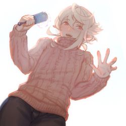 Rule 34 | 1boy, blonde hair, corrin (fire emblem), corrin (male) (fire emblem), crossdressing, fangs, fire emblem, fire emblem fates, fire emblem heroes, from below, looking down, male focus, nintendo, pointy ears, red eyes, ribbed sweater, samsara (shuukeura), simple background, slit pupils, smile, solo, sweater, trap, white background