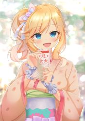 Rule 34 | 1girl, :d, absurdres, blonde hair, blue eyes, blurry, blurry background, blush, bow, breasts, commentary request, frills, hair bow, hair ornament, highres, holding, idolmaster, idolmaster cinderella girls, idolmaster cinderella girls starlight stage, japanese clothes, kimono, long hair, long sleeves, looking at viewer, medium breasts, obi, ohtsuki yui, open mouth, pink bow, pink kimono, ponytail, sash, smile, solo, translation request, upper body, wide sleeves, wrist cuffs, yuu ms1974
