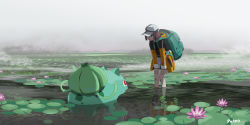 Rule 34 | 1girl, backpack, bag, blue eyes, bulbasaur, coat, commentary, creatures (company), fog, game freak, gen 1 pokemon, green bag, grey legwear, hands on own thighs, hat, highres, hood, hood down, hooded coat, leaning forward, lily pad, looking down, nintendo, open clothes, open coat, open mouth, outdoors, pateo, pokemon, pokemon (creature), reflection, shoes, signature, smile, sneakers, socks, wading, white headwear