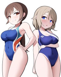 Rule 34 | armpits, blue eyes, bluerabbit gap, blush, breasts, brown hair, cleavage, competition swimsuit, highres, idolmaster, love live!, love live! sunshine!!, multiple girls, nitta minami, one-piece swimsuit, ponytail, short hair, simple background, swimsuit, thighs, variant set, watanabe you