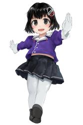 Rule 34 | 1girl, 73suke, absurdres, adapted costume, aged down, black footwear, black hair, black skirt, bob cut, brown eyes, commentary request, gloves, haguro (kancolle), highres, jacket, kantai collection, military uniform, outstretched arms, pantyhose, pleated skirt, purple jacket, purple shirt, shirt, short hair, simple background, skirt, smile, solo, uniform, white background, white gloves, white pantyhose