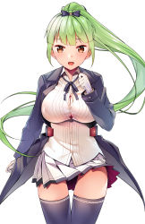 Rule 34 | 1girl, azur lane, blouse, blue thighhighs, blunt bangs, blush, breasts, brown eyes, byte (allbyte), cleavage, collared shirt, commentary request, cowboy shot, gloves, green hair, highres, large breasts, long hair, long sleeves, looking at viewer, miniskirt, neck ribbon, pleated skirt, ribbon, shirt, shropshire (azur lane), simple background, skirt, solo, thighhighs, thighs, uniform, very long hair, white background, white gloves, white shirt
