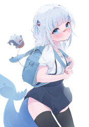 Rule 34 | 1girl, absurdres, backpack, bag, bandage on face, bandages, bloop (gawr gura), blue eyes, blue hair, blush, fins, fish tail, gawr gura, hair ornament, highres, hololive, hololive english, looking at viewer, medium hair, multicolored hair, pleated skirt, randoseru, school bag, shark girl, shark hair ornament, shark tail, short sleeves, skirt, solo, streaked hair, tail, thighhighs, two-tone hair, uica, uniform, virtual youtuber, white hair