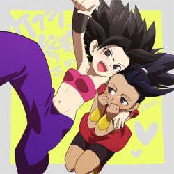Rule 34 | 2girls, :d, arm around shoulder, arm up, armpits, baggy pants, bare arms, bare shoulders, bike shorts, black eyes, black hair, blue hair, blush, bracelet, breasts, caulifla, cleavage, clenched hand, clenched hands, closed mouth, collarbone, commentary request, dark-skinned female, dark blue hair, dark skin, dbcdef, dragon ball, dragon ball super, earrings, eyelashes, feet out of frame, fingernails, floating, grey background, happy, heart, heart background, high ponytail, hoop earrings, hug, jewelry, kale (dragon ball), legs apart, legs together, looking at viewer, looking to the side, medium breasts, midriff, multiple girls, navel, open mouth, pale skin, pants, ponytail, purple pants, red lips, red skirt, short hair, shorts, shorts under skirt, simple background, skirt, smile, spiked hair, strapless, teeth, tube top, twitter username, two-tone background, underboob, upper teeth only, v-shaped eyebrows, v arms, very short hair, wristband, yellow background