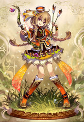 Rule 34 | 1girl, arrow (projectile), blush, boots, bow (weapon), breasts, brown eyes, brown hair, eyebrows, full body, high heel boots, high heels, holding, holding arrow, holding bow (weapon), holding weapon, knee boots, konfuzikokon, long hair, looking at viewer, medium breasts, original, red footwear, smile, solo, weapon