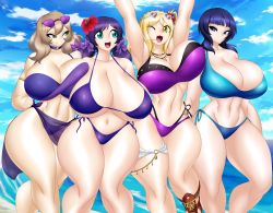 Rule 34 | 4girls, :3, absurdres, arms behind back, arms up, asaka karin, bare shoulders, bikini, blonde hair, blue bikini, blue eyes, blue hair, blunt bangs, bouncing breasts, breasts, brown hair, closed mouth, collarbone, cowboy shot, crossover, curvy, day, flower, genshin impact, green eyes, hair flower, hair ornament, highres, huge breasts, kyelyn, lisa (genshin impact), long hair, love live!, love live! nijigasaki high school idol club, love live! school idol project, love live! sunshine!!, matching hair/eyes, multiple girls, navel, ocean, ohara mari, open mouth, outdoors, purple bikini, purple hair, sarong, see-through, shiny skin, sky, smile, standing, sunglasses on head, swimsuit, thick thighs, thighs, tojo nozomi, twintails, yellow eyes