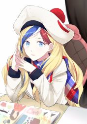 Rule 34 | 10s, 1girl, bad id, bad twitter id, beret, blonde hair, blue hair, commandant teste (kancolle), hat, highres, jacket, kantai collection, long hair, long sleeves, magazine (object), morinaga miki, multicolored hair, open mouth, plaid, plaid scarf, pom pom (clothes), red hair, scarf, sitting, solo, streaked hair, white hair, white jacket