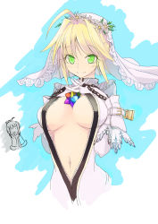 Rule 34 | 10s, 1girl, ahoge, artoria pendragon (all), artoria pendragon (fate), blonde hair, bodysuit, breasts, center opening, chain, chibi, chibi inset, cleavage, cowboy shot, crown, fate/extra, fate/extra ccc, fate/grand order, fate (series), flower, full-length zipper, gloves, green eyes, highres, interlocked fingers, large breasts, looking at viewer, mochi (konpakubing), navel, nero claudius (bride) (fate), nero claudius (fate), nero claudius (fate) (all), own hands clasped, own hands together, saber (fate), saint quartz (fate), short hair, simple background, smile, veil, zipper