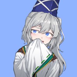 Rule 34 | 1girl, :d, ast.rockett, blue background, blue eyes, blue hat, covering own mouth, floppy sleeves, green ribbon, hair between eyes, hand up, hat, highres, japanese clothes, kariginu, light blush, long hair, looking to the side, mononobe no futo, open mouth, ponytail, raised eyebrow, ribbon, ribbon-trimmed sleeves, ribbon trim, silver hair, simple background, sleeves past fingers, sleeves past wrists, smile, solo, tate eboshi, touhou, upper body, white ribbon